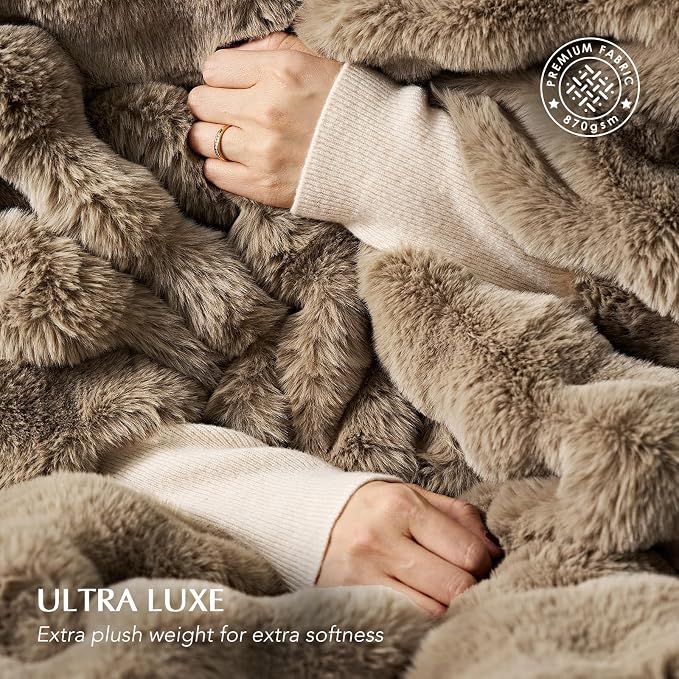 EverGrace Faux Rabbit Fur Bubble Throw Blanket, 50"x60", Greige | Ultra Soft, Luxury Faux Rabbit Fur Throw, Thick Warm Bubble Blanket, Cozy Fluffy Reversible, for Bed, Couch, Chair, Sofa