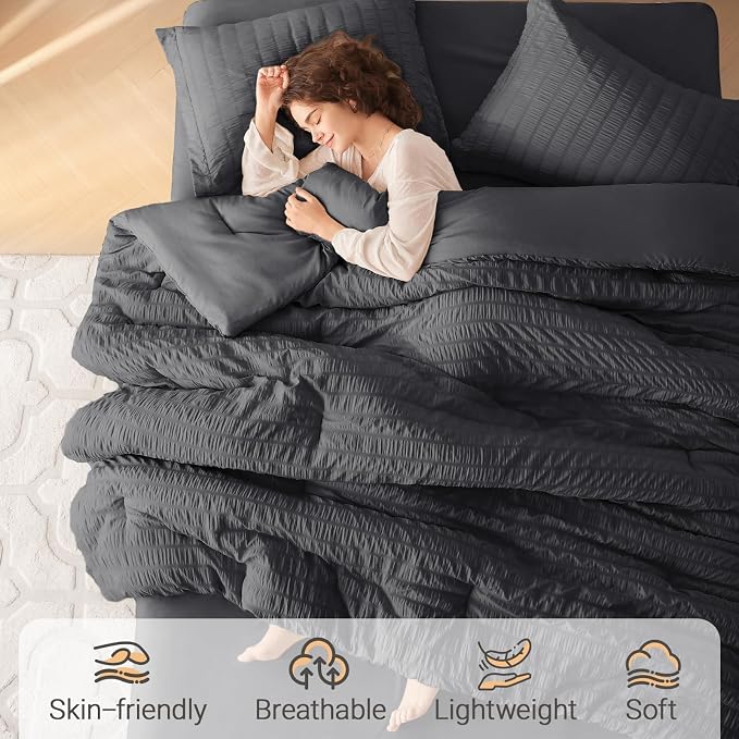 7 Pieces Full Comforter Set, Seersucker Bed in a Bag Full Size, All Season Luxury Bedding Set with Comforter, Flat Sheet, Fitted Sheet, Pillowcases & Shams, Dark Grey