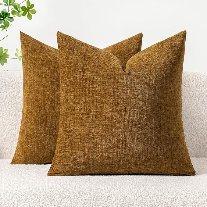 MIULEE Soft Chenille Throw Pillow Covers Mustard 18x18 Inch Pack of 2 | Modern Home Decor, Classic Decorative Pillows, Solid Dyed Cases, Boho Couch Cushion Covers for Sofa Bed Living Room