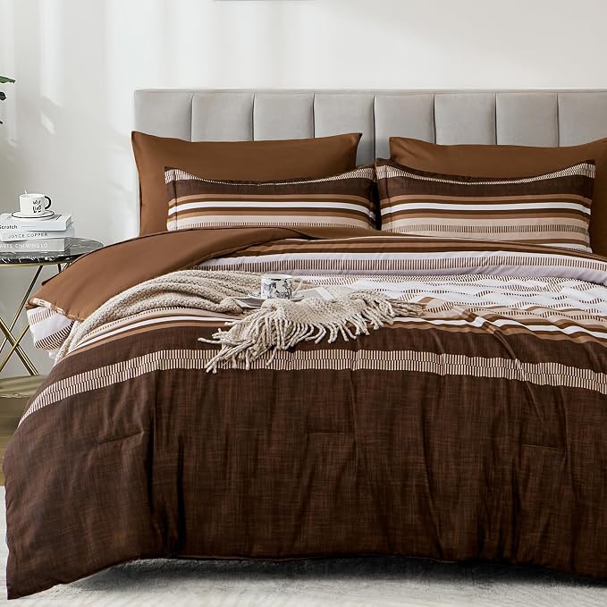 Dobuyly Fall Brown Comforter Queen Size 7 Pieces, Boho Striped Bed in a Bag Set, Soft Microfiber Bedding Set with Comforter, Sheets, Pillowcases & Shams