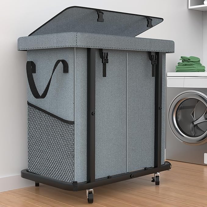 Laundry Basket with Lid,190L Rolling Laundry Hamper with Wheels,Grey | Dirty Clothes Hamper with Metal Frame and Removable Bag Design, Suitable for Laundry Room, Bedroom(2 Section)