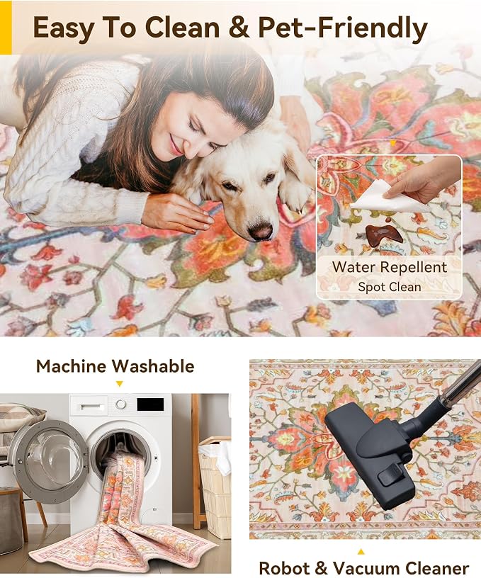 RELEANY Washable Area Rug, Small 2'6"x4', Pink/Light Pink/Colorful | Non-Slip, Water Repellent, Pet Friendly, Easy to Clean, Vintage Floral Boho Decor for Kitchen Entryway Bathroom