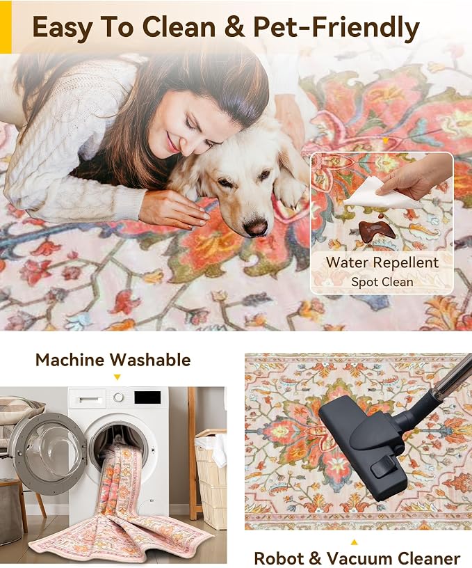 RELEANY Washable Area Rug, Runner 2'6"x5', Pink/Light Pink/Colorful | Non-Slip, Water Repellent, Pet Friendly, Easy to Clean, Vintage Floral Boho Decor for Kitchen Entry Bedroom Bedside Laundry