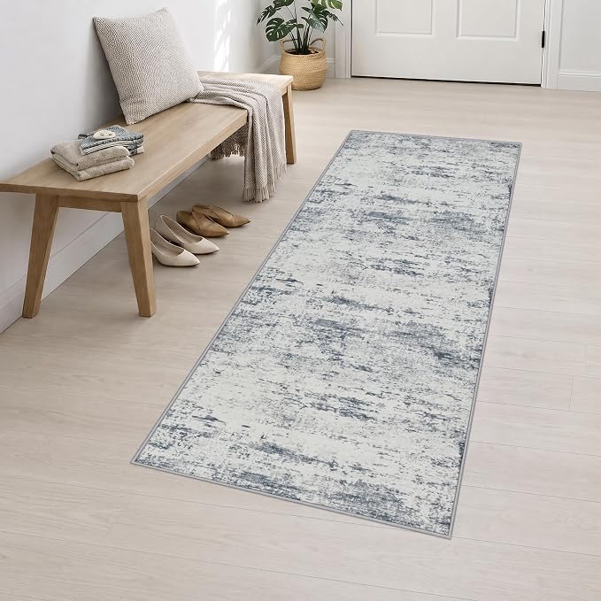 2.6x8 Washable Runner Rug：Modern Abstract Soft Carpet Blue Grey | For Hallway, Bedroom, Kitchen, Laundry, Bathroom,Door Mat,Modern Abstract,Machine washable,Non-Slip,Stain Resistant,Indoor