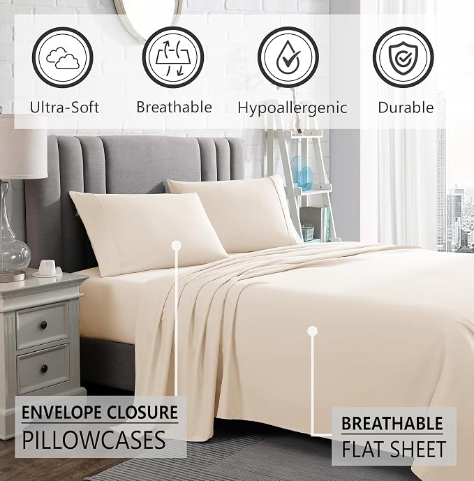 American Home Collection Queen Sheet Set - Ultra-Soft Microfiber 15-Inch Deep Pocket - Wrinkle Free and Fade Resistant (Ivory)