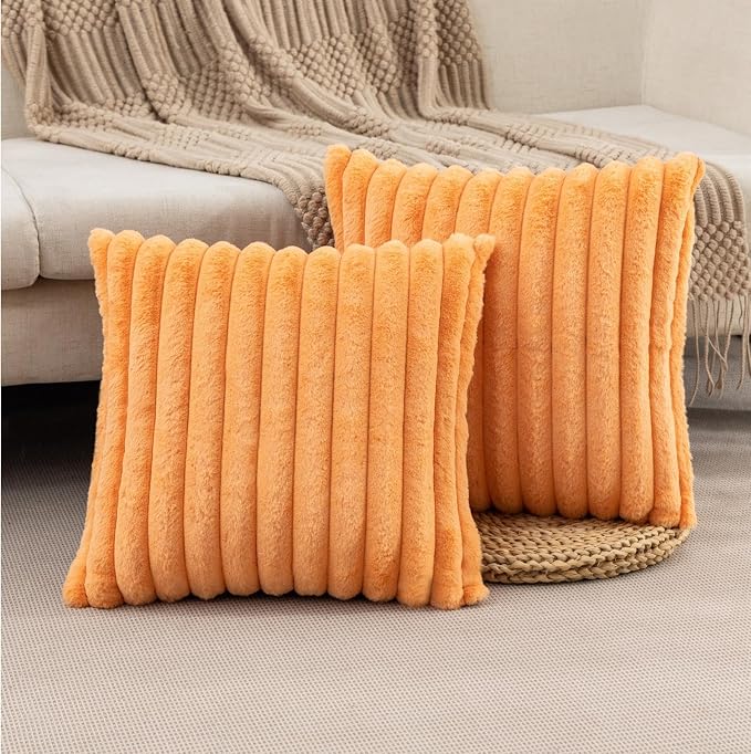 ZLINA Orange Striped Faux Fur Throw Pillow Covers 18 x 18 Inch | 2‑Pack, boho striped pillow covers,velvet back,fuzzy plush cushion covers , for sofa bed livingroom home decor