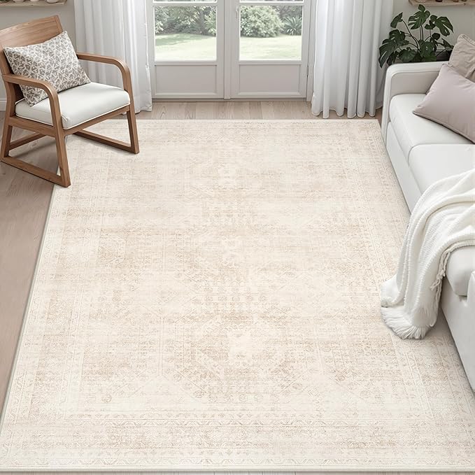 6x9 Area Rugs Living Room: Bedroom Neutral Washable Carpet Beige | Large Vintage Boho Indoor Decor Carpets Soft Nursery Farmhouse Dining Room Office Floor Non-Slip Low Pile Under Table Rug