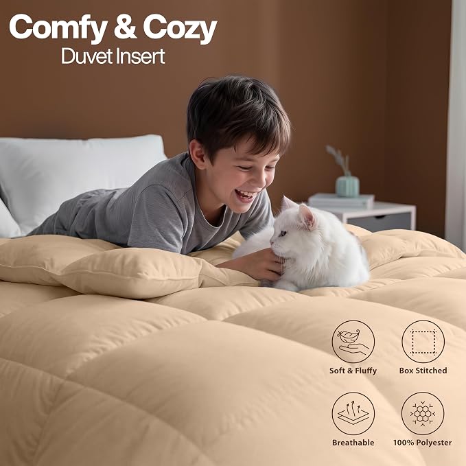 Utopia Bedding Comforter King Size, Duvet Insert, Beige, 90 x 102 Inches | Soft and Fluffy Down Alternative Bed Comforter, All Season, Breathable, Corner Tabs, Box Stitched, Durable, Machine Washable