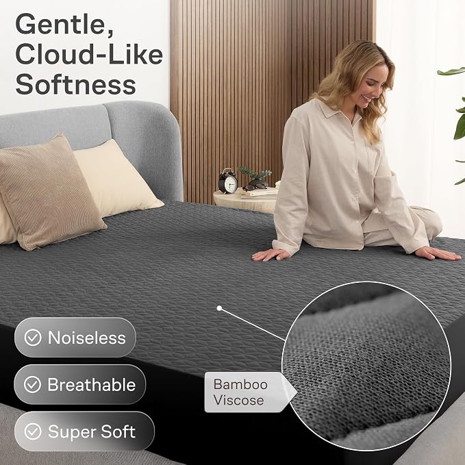 100% Waterproof Noiseless & Cooling Mattress Protector - Full Size - Gray | Viscose Made from Bamboo, 360 Protection Against Spills, Stains, & Accidents, 20" Deep Pocket, For Parents & Pet Owners