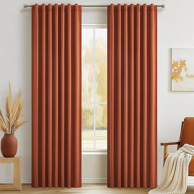 Fall Burnt Orange Curtains Blackout 84 Inches Long 2 Panels Set,Terracotta Autumn Color Decor Retro for Living Room/Bedroom Antique Copper Rust Boho 70s Window Pleated Linen Drapes Thermal (W50"xL84")
