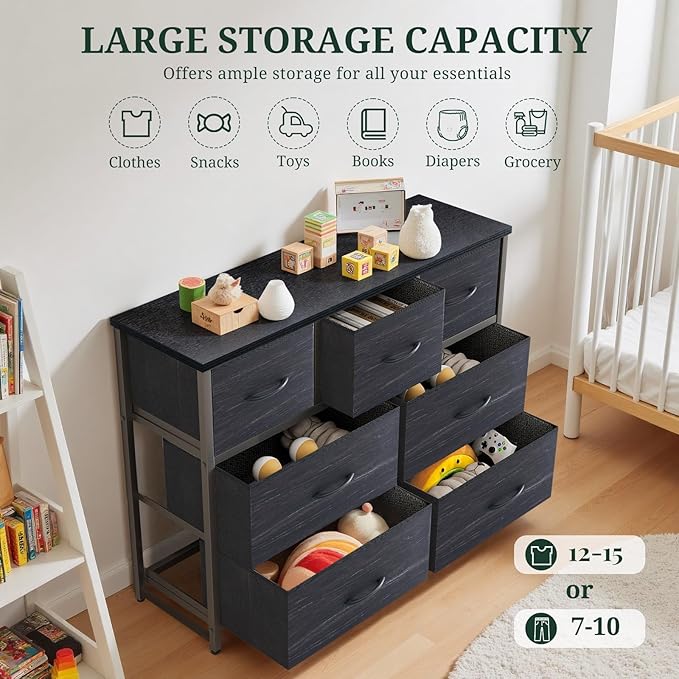 7-Drawer Dresser for Bedroom, Anti-Tip Wide Storage Organizer Fabric | Chest of Drawers TV Stand for 45" TV with Wooden Top Metal Frame for Closet, Living Room, Hallway, Entryway, Charcoal Black