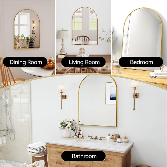36x24 Bathroom Mirror Arch Wall Mounted/Against Aluminum Frame Gold | HD Crystal Clear No distortion Tempered Glass,Make-Up Vanity Mirrors for Bedroom,Entryway,Living Room