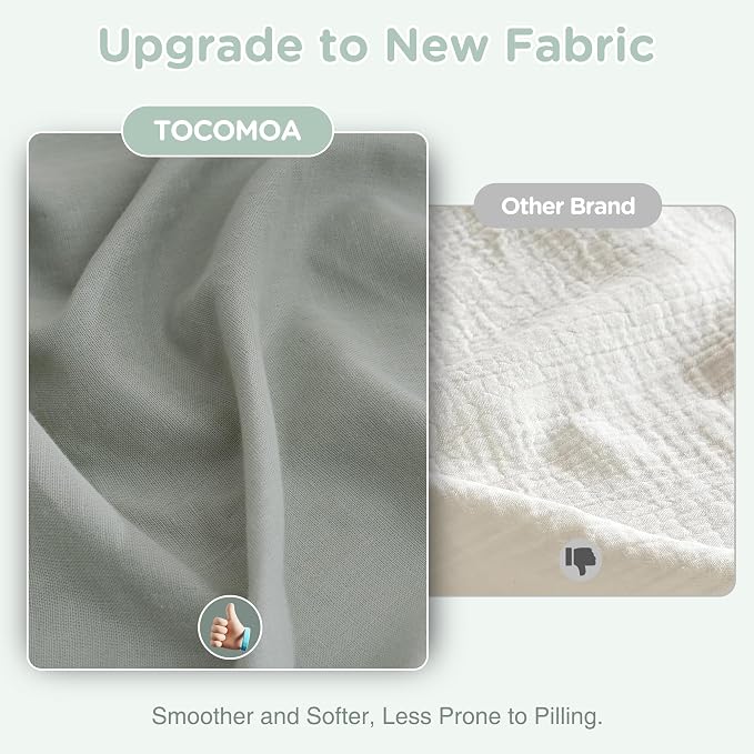 TOCOMOA 100% Muslin Cotton Duvet Cover Set, Sage Green, Queen | Linen-Like Texture. Ultra Soft, Breathable, Comfy & Lightweight Bedding Set with Zipper & 8 Ties. 3 Pcs, No Insert