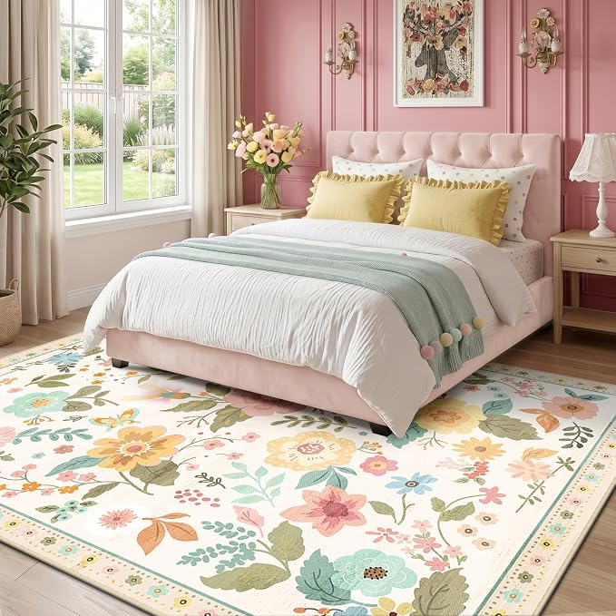RELEANY Floral Washable 5x7 Area Rugs Beige/White/Orange | Flower Carpet, Print, Boho, Non-Slip, Easy to Clean, Soft, Low Pile for Living Room Bedroom Kitchen Office Entryway Hallway