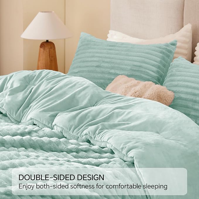 BEDELITE Fleece Queen Comforter Set, Fluffy Bed Set, Light Green | Super Soft & Warm Bedding, Luxury Fuzzy Faux Fur Comforter for Winter, Heavy Plush Bedding, with 2 Pillowcases