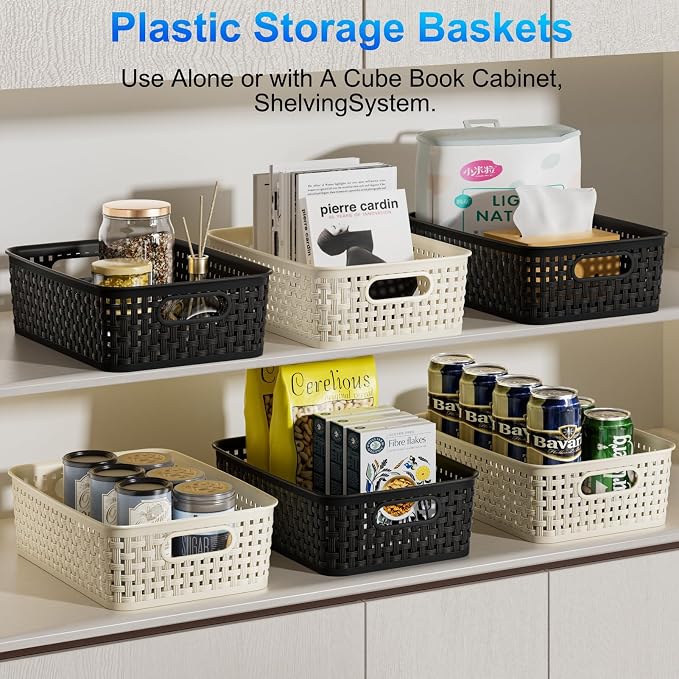 FUCDTEFC White Plastic Basket, 8 Pack Home Organization and Storage Baskets with Handles, Space Saving Woven Organizer Bins Plastic Storage Basket for Organizing Cabinets,Closets, Shelves, Countertops | Space Saving, Woven Organizer, Plastic Bins, Stor...