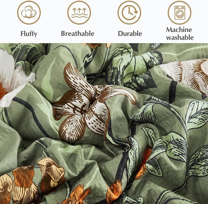 Full Size Comforter Sets - 7 Pieces Floral Bed in a Bag Full Bedding Set | Green Botanical Texture Flowers Comforter Set with Sheets, Pillowcases & Shams for All Seasons