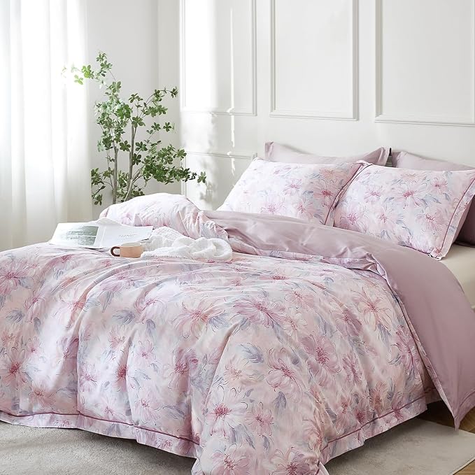 OAITE Queen Duvet Cover Set 3pcs 100% Cotton 600 Thread Count with Floral | Luxury Soft, Breathable,Long Staple Cotton,Hidden Zipper,8 Corner Ties,Easy Care for All Season