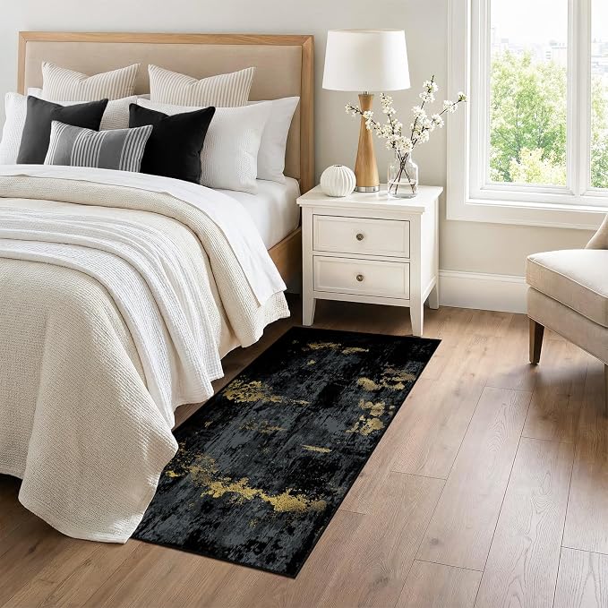 RELEANY Washable Runner 3'x6' Abstract Area Rug for Hallway Black Gold | Carpet for Kitchen, Entryway, Bathroom, Living Room, Bedroom, Printed Pattern, Non‑Slip, Soft, Stain‑Resistant, Easy to Clean