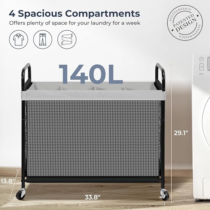 STO STO Laundry Hamper 4 Section, 140L Rolling Laundry Sorter Cart with Removable and Washable Liner Bag, Clothes Hamper with Wheels and Metal Handle for Laundry Room and Bedroom, Gray