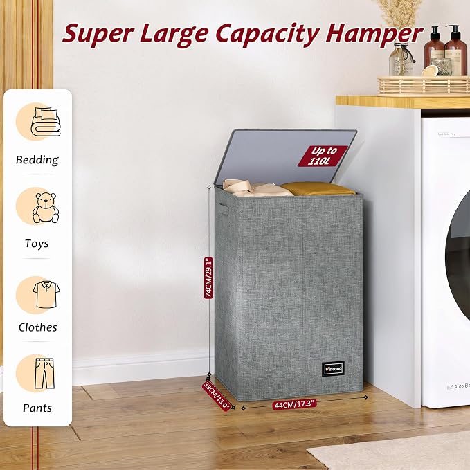 110L Laundry Hamper with Lid, Reinforced Sturdy Large Laundry Hamper with Handle and Lid, Collapsible Clothes Basket Organizer with Removable Liner Bag, Tall Dirty Clothes Bin for Dorm Bedroom