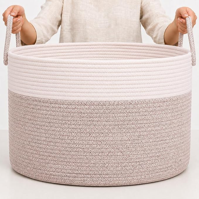 OrganiHaus Round Toy Basket & Blanket Basket, Cotton Rope 20x13" | Brown / Off-White - Round Cotton Rope Basket, 20x13"