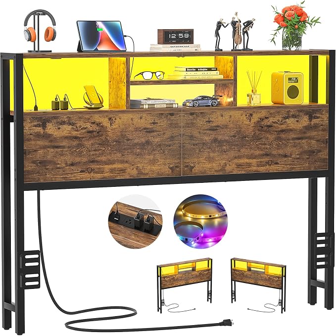 Aheaplus Headboard for Full Size Bed with Storage, Headboards with Outlets | Full Size Head Board Only, USB Ports and LED Light, Height Adjustable, Reversible, Sturdy & Stable Headboard, Rustic Brown