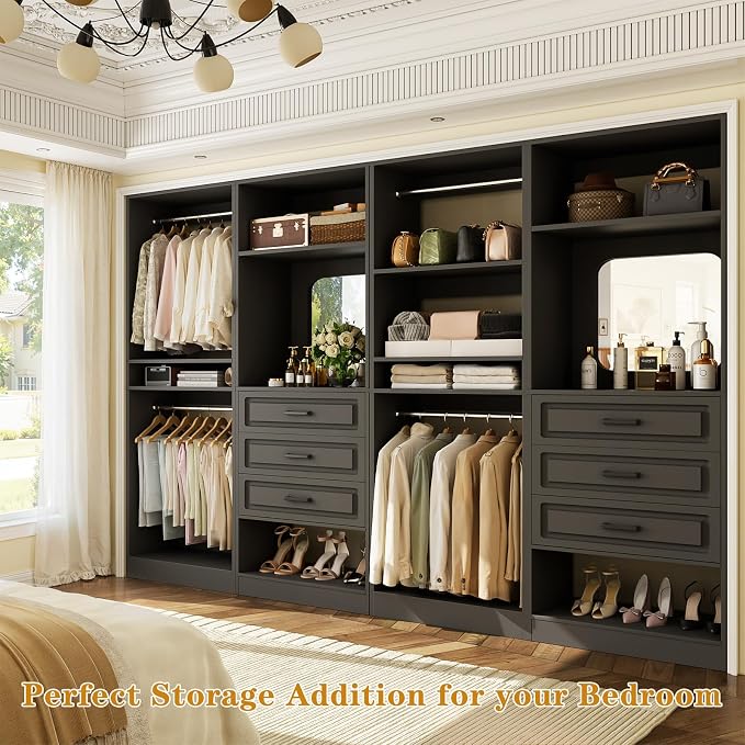 Unikito Closet System, 100" Closet Organizer with Drawers & Mirror, Black | Modular Wooden Walk-in Closet Wardrobe Organizer with Hanging Rods & Adjustable Shelves, Freestanding Garment Rack Tower