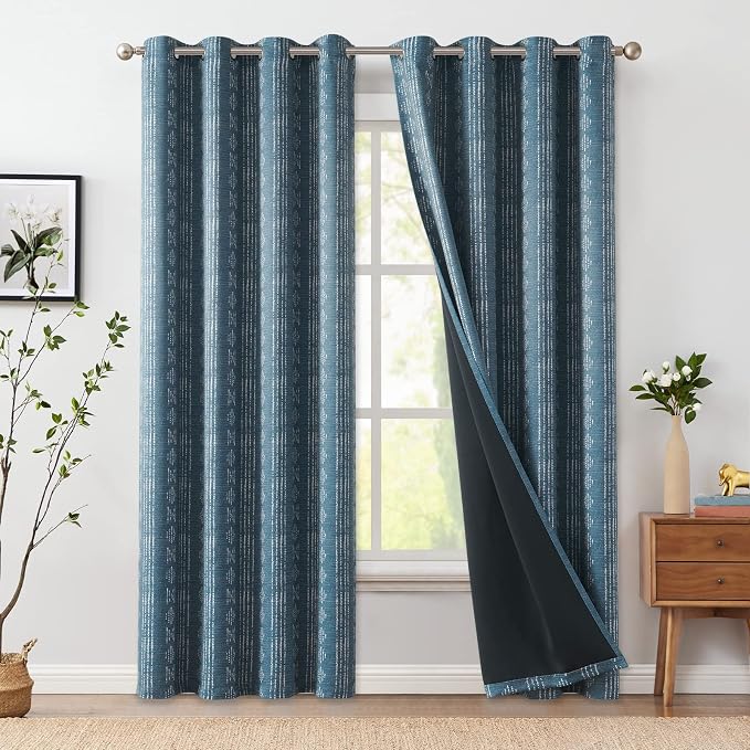 jinchan Boho Blackout Curtains 84 Inches Long for Bedroom Living Room | White on Blue Geometric Grommet Curtains Room Darkening Thermal Insulated Window Treatments 2 Panels