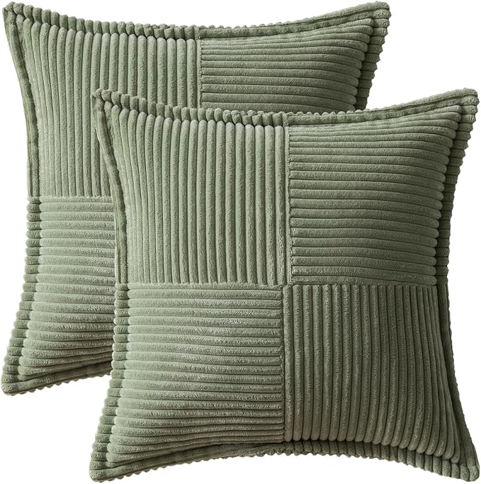 MIULEE Decorative Throw Pillow Covers for Couch 16x16 Light Olive Green | 2 Pack, Boho Broadside Striped Patchwork Pillow Covers, Soft Corduroy Cushion Cases, For Sofa Bed Livingroom Home Decor