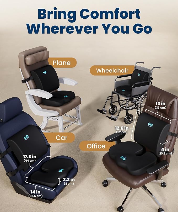 Everlasting Comfort Doctor Recommended Memory Foam Seat Cushion for Office Chairs & Car - Ergonomic Office Desk Accessories - Cushions for Tailbone Pain Relief, Sciatica (Black Airflow Lumbar, Large)