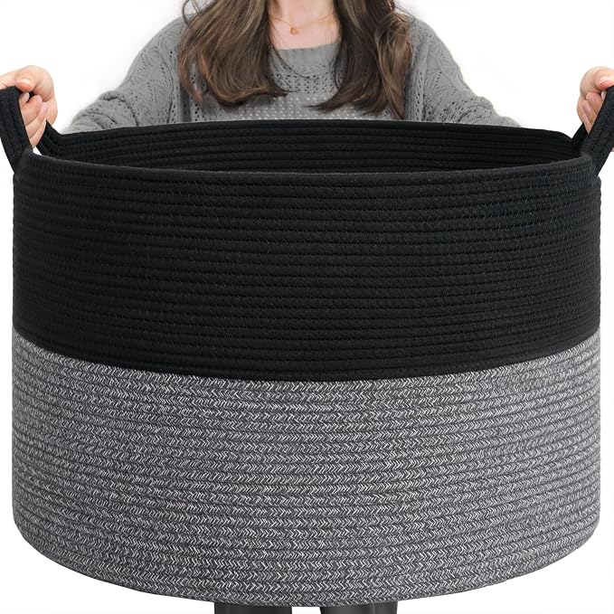 INDRESSME XXXLarge Woven Rope Blanket Basket Living Room Black Grey | 21.7" x 13.8" Storage baskets for toys laundry & pillows. Fits living room bedroom or playroom décor. Soft-touch with handles