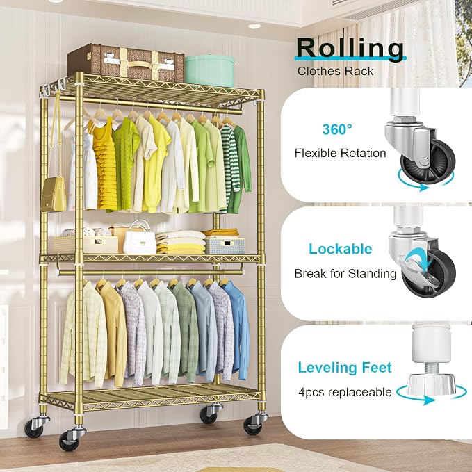 FUTASSI Rolling Clothes Rack, Clothing Racks for Hanging Clothes, Gold | P3 Heavy Duty Garment Rack with Wheels, Freestanding Portable Closet Racks 39.4'' W x 14'' D x 78.5'' H, Max Load 470 LBS