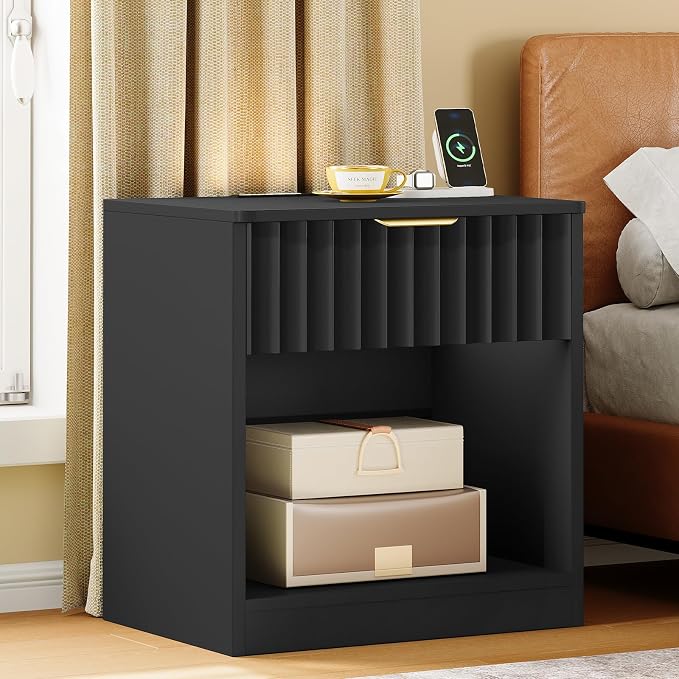 Fluted Nightstands Set of 2, Night Stand with Charging Station and LED Light, Nightstand with Storage Drawer and Open Shelf, Bedside Table for Small Space, Bedroom, Black