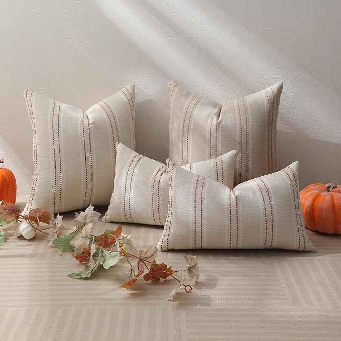 Hckot Fall Throw Pillow Covers 16x16 Set of 2 Striped Pillow Covers Caramel | Textured Linen Decorative Pillows Square Cushion Covers for Sofa Couch Bed Living Room Farmhouse Decor
