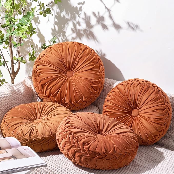 Kathfly 4 Pcs Decorative Round Pleated Throw Pillows, Classy Velvet Pumpkin Round Throw Pillows, Decorative Floor Pillow for Bed Chair Home Sofa Decor, 14" Diameter (Orange)