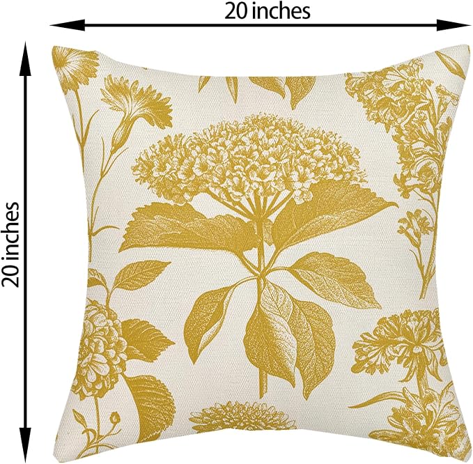 Mustard Yellow Pillow Covers 20x20 Inch 2 Pcs Boho Vintage Floral Decor Throw Pillows Hydrangea Flower Summer Outdoor Farmhouse Neutral Accent Decoration Pillowcase Linen Cushion Cover for Sofa