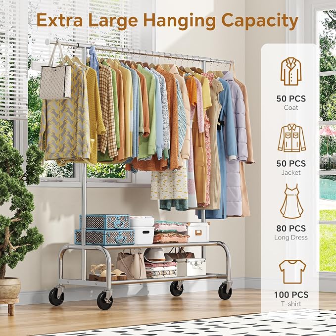 Simple Trending Heavy Duty Clothes Rack, Garment Rack with Extendable Side Rods & Bottom Shelves, 25mm Metal Clothing Rack with Wheels, Bedroom, Laundry Room, Silver