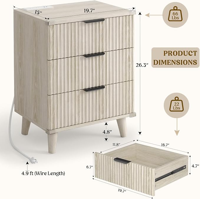 Wood Nightstands Set of 2 w/Charging Station, 3 Drawers Fluted Dresser | Grey White, Large Drawers, Metal Silent Rails, FSC Wooden, Sturdy Legs, Modern Fluted Panel, Living Room, Bedside Table