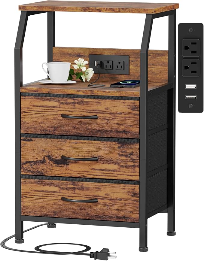 Furnulem Night Stand with Charging Station, 3 Fabric Drawers Bedside Table | Rustic Brown Dorm Nightstand For Bedroom, 28.3 Inch Tall, Usb Ports & Outlets, Side Table with Storage Shelf, 3 Ways to Use