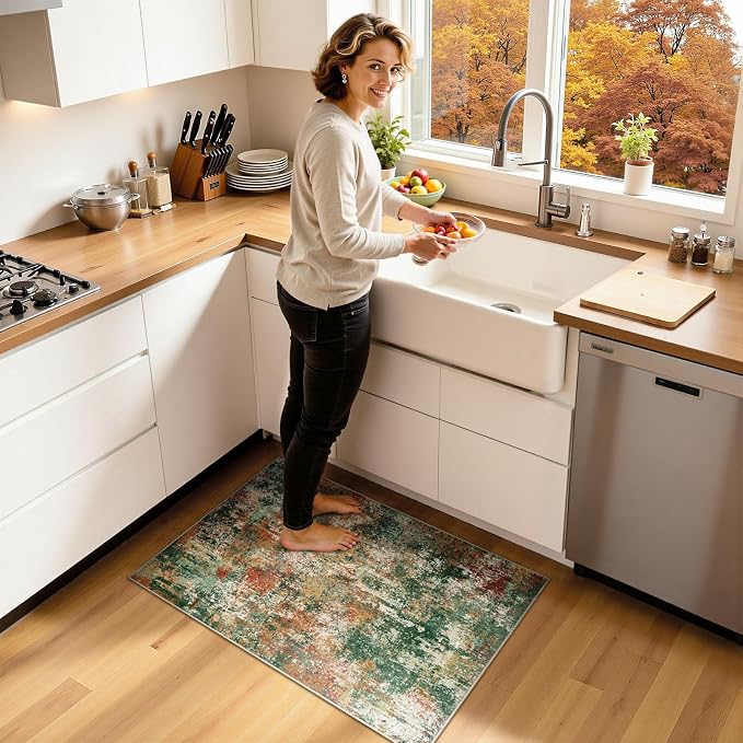 RELEANY Washable 2'x3' Abstract Area Rug for Living Room Green Multi | Carpet for Bedroom, Kitchen, Office, Hallway and Entryway, Printed Pattern, Non‑Slip, Soft, Stain‑Resistant, Easy to Clean