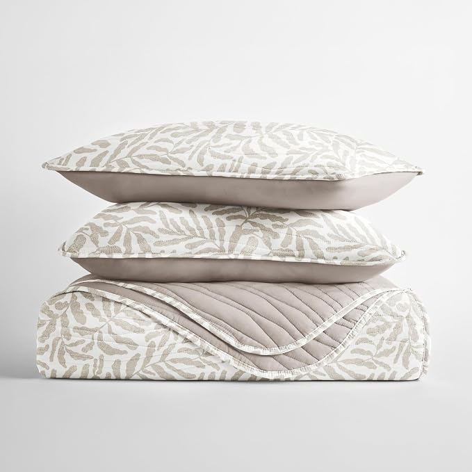 Merit Linens 3 Piece Quilt Set - Super Soft - Lightweight - All Season Quilted Coverlet - Floral Patterns - Full/Queen Taupe