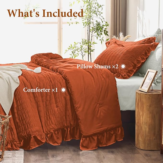 JOLLYVOGUE Burnt Orange Comforter Full Size, 3 Pieces Seersucker Lightweight Full Size Bedding, All Season Fluffy Microfiber Bedding Comforter Set with 1 Ruffle Comforter and 2 Ruffle Pillowshams