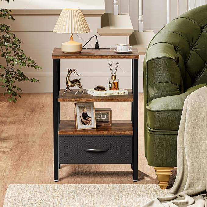 SUPERJARE Nightstand with Charging Station, Bed Side Table with Adjustable Fabric Drawer, Night Stand for Bedroom, 3-Tier Storage End Table, for Living Room, Rustic Brown and Black | Night Stand for Bedroom, with Adjustable Fabric Drawer, 3-Tier Storag...