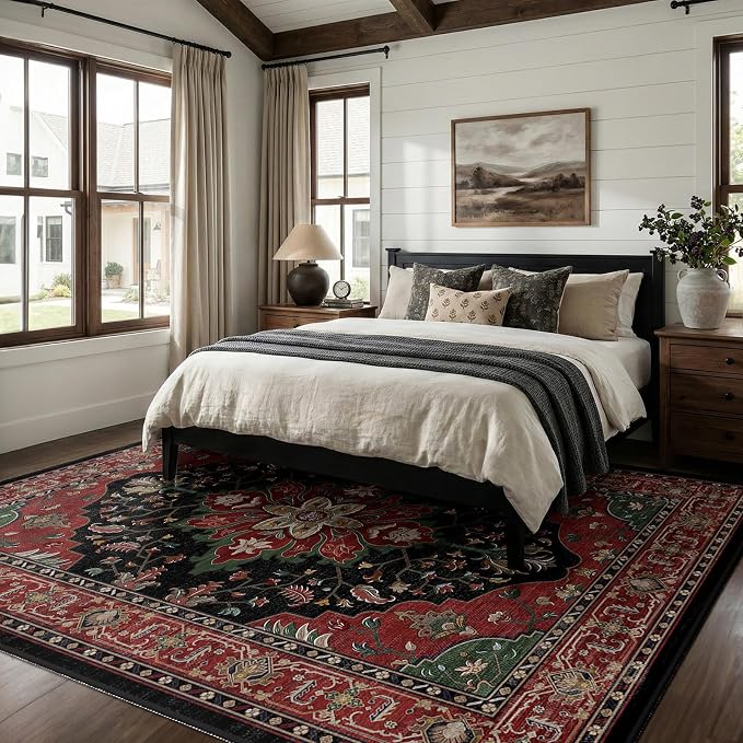 RELEANY Washable Area Rug, Large 9'x12', Red/Black | Non-Slip, Water Repellent, Pet Friendly, Easy to Clean, Vintage Floral Boho Decor for Living Room Bedroom Dining Room