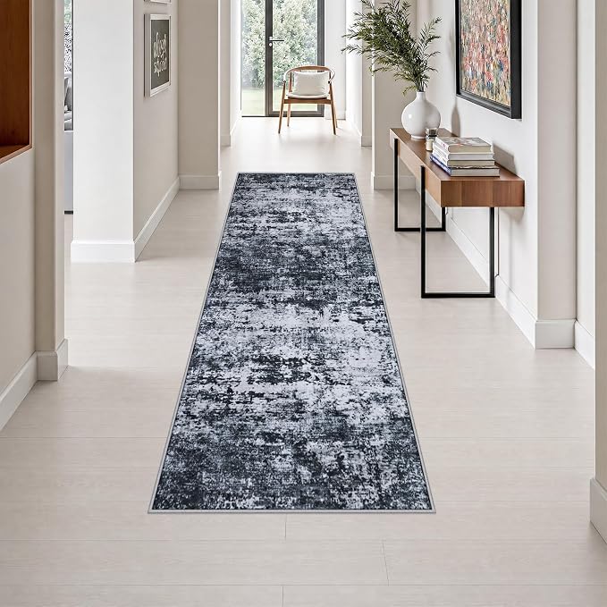 2.6x8 Washable Runner Rug：Modern Abstract Kitchen Carpet Black | For Hallway, Bedroom, Kitchen, Laundry, Bathroom,Door Mat,Modern Abstract,Machine washable,Non-Slip,Stain Resistant,Indoor