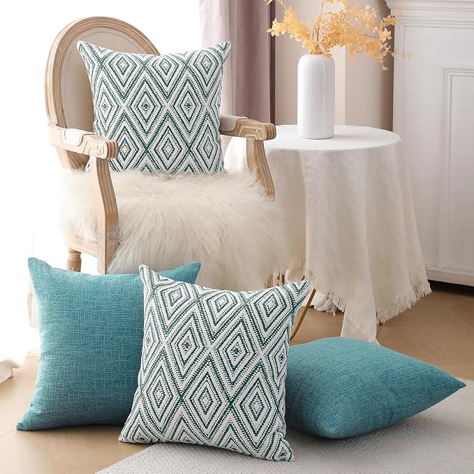 HPUK Throw Pillow Covers 20x20, Set of 4, Aqua Blue Couch Pillow Covers | Polyester fabric, patterned and solid designs, hidden zippers, machine washable, for sofas and beds, inserts not included