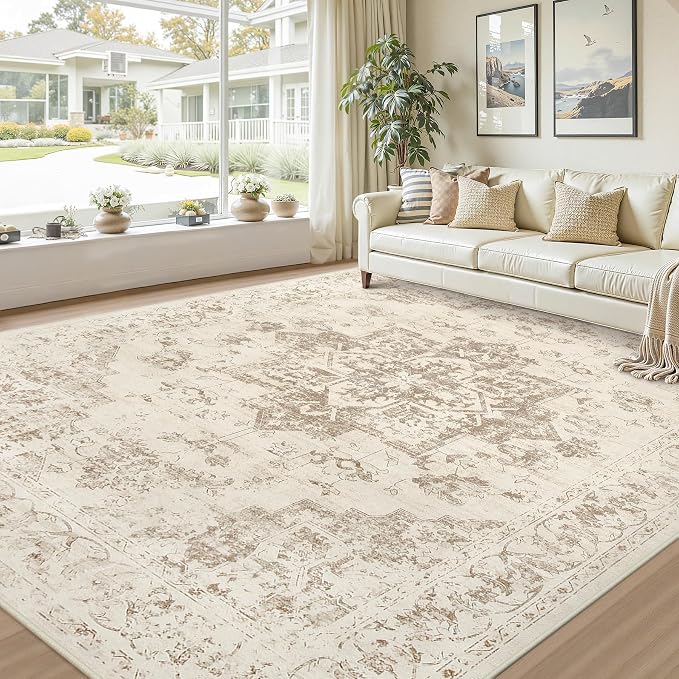 10x12 Area Rugs Living Room: Bedroom Washable Carpet Beige/Ivory | Large Vintage Boho Indoor Decor Neutral Soft Nursery Farmhouse Dining Room Office Floor Non-Slip Low Pile Under Table Rug