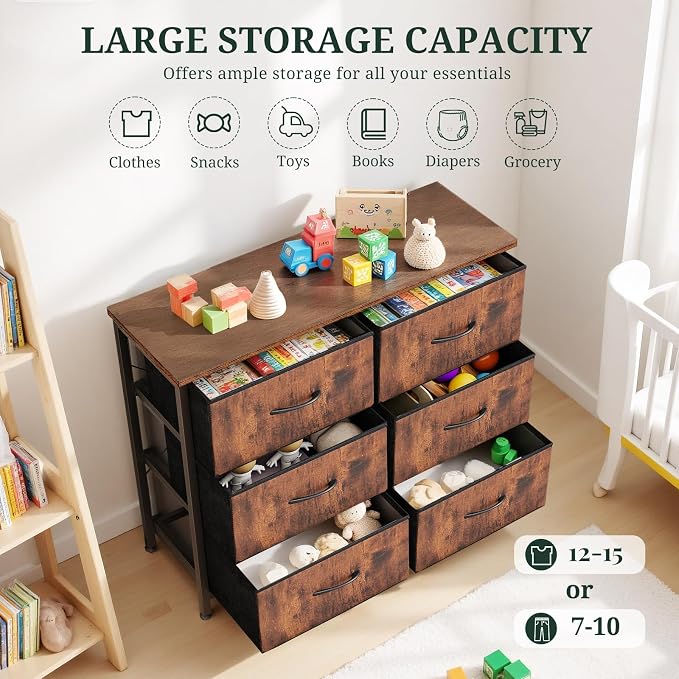 6-Drawer Dresser for Bedroom, Anti-Tip Wide Storage Organizer | Chest of Drawers with Wooden Top and Metal Frame Fabric Bins for Closet, Living Room, Hallway, Entryway, Brown