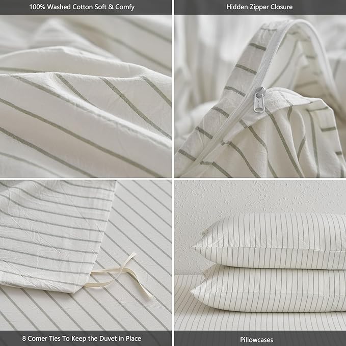 MooMee Striped Duvet Cover Set 100% Washed Cotton Linen Like Cal King | Relaxed Linen-like Texture. Soft, Breathable & Long-lasting Comfort. Lightweight. Hidden Zipper with 8 Interior Corner Ties